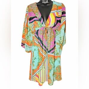 Vibrant Multi-Color Printed Kaftan Mini Dress - Empire Waist - Size S - UEC